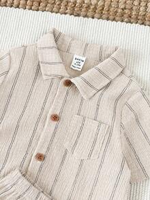 SHEIN 3pcs/Set Unisex Baby Boy/Girl Khaki Striped Short Sleeve Shirt, Shorts And Sun Hat, Spring/Summer Baby Boy Clothes Outfits - Apricot - View 6