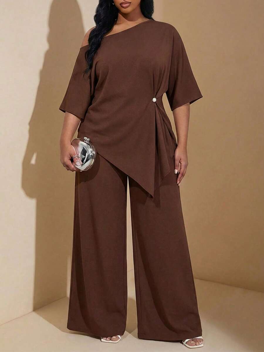 Chikora 大码女式纯色不对称下摆上衣和阔腿裤两件套