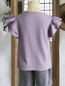 SHEIN LUNE 女士纯色圆领褶皱休闲百搭日常衬衫 - 彩色 - 查看 6