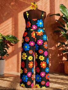 SHEIN CURVE+ Curve 尺码 US22 音乐节、海滨度假、波西米亚风女士彩色印花连体裤，适合夏季休闲、度假和音乐节 - 黑色 - 查看 2