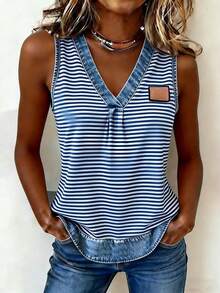 EMERY ROSE 女士条纹V领休闲百搭日常上衣 - 藍白色 - 查看 3