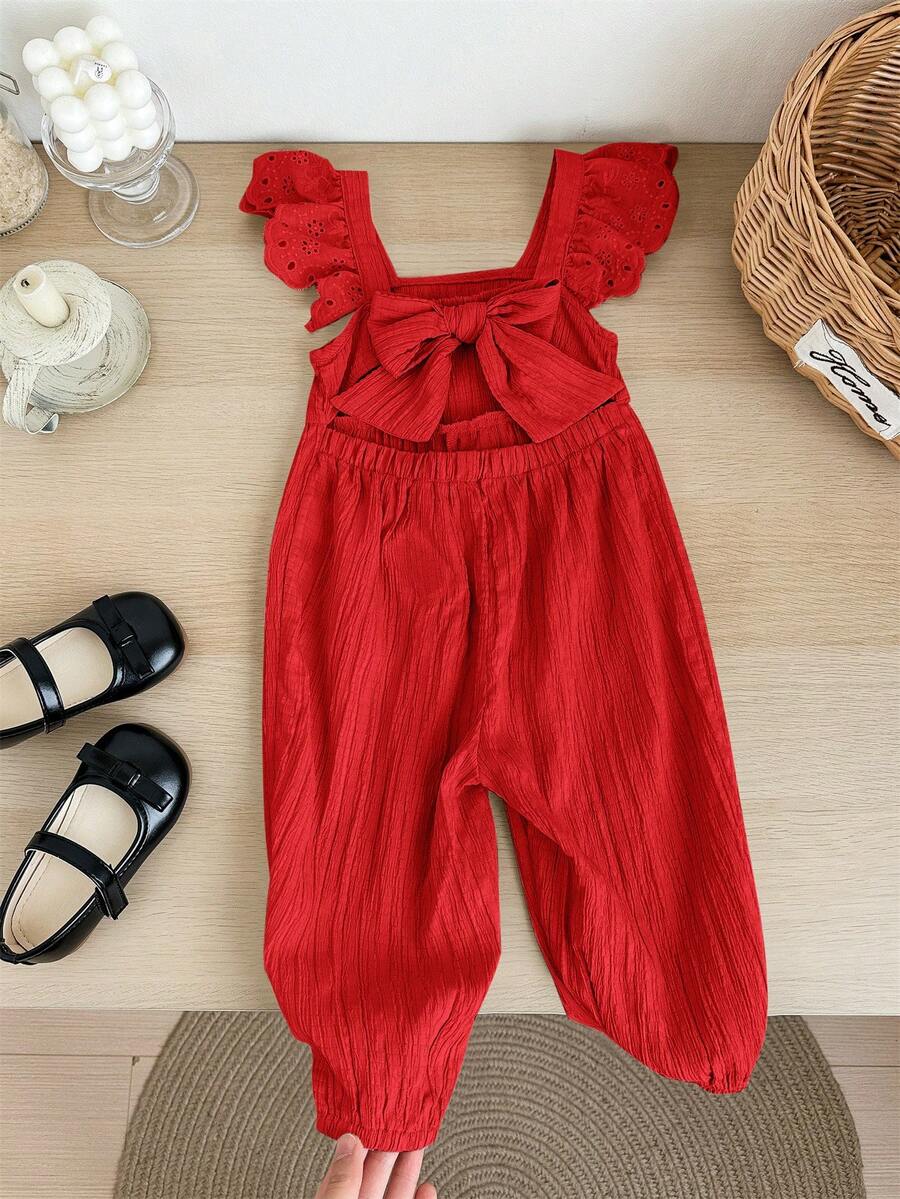 SHEIN LMoss Kids Babygirl Cute Summer Versatile Apricot Textured Romper - Red - View 1