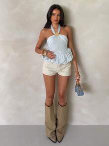 Glamine Charm Áo hai dây kẻ sọc xanh trắng cho nữ mùa hè, thiết kế cổ yếm khóa kim loại, eo sau xếp ly, gấu áo xòe xếp nếp, áo không tay hở lưng. Trang phục thanh lịch và lãng mạn cho kỳ nghỉ hè, hẹn hò, lễ tốt nghiệp và các dịp khác. - Màu xanh lam - Xem 4