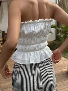 Strévra Spring & Summer Fashion White Frill Trim Tie-Up Spaghetti Strap Crop Top, Sexy Music Festival, Valentine's Day, Casual Beach Vacation, Fitted Camisole For Women Crop Tops Women - White - View 4