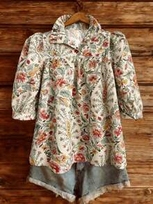 大码女装春夏时尚休闲度假装简约百搭沙滩装女式花叶印花七分袖衬衫大码女式沙滩度假服 - 杏色 - 查看 4