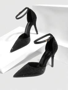 CUCCOO SZL Women's Sexy Pointed Toe Party Rhinestone Decorated Strap Buckle Closure High Heel Pumps For Christmas Spring Shoes - Black - View 4