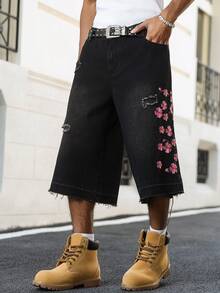 Manfinity EMRG Men's Street Fashion Casual Distressed Embroidered Black Denim Shorts - Black - View 4