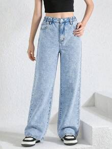 SHEIN 少女宽松直筒牛仔裤，新款休闲时尚简约水洗浅蓝色，松紧腰带配单扣装饰，舒适直筒宽松阔腿款式，适合度假、音乐节、上学、通勤、聚会等各种场合。 - 淺色水洗藍 - 查看 7