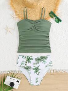 SHEIN Teen Girls Bikini Sets, Tropical Coconut Tree Knit Fabric Spaghetti Strap Crop Top And Triangle Bottoms 2 Piece Swimsuit, Fashionable Casual Elegant Lady Style, Suitable For Swimming, Summer Vacation, Beach, Pool, Holiday Party - Green - View 3