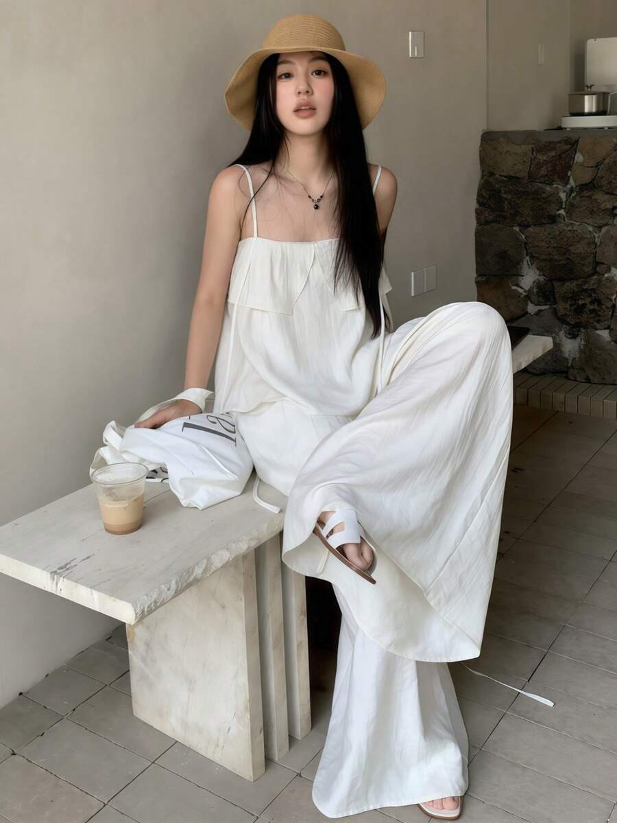 K-Vae 2pcs/Set Women's Fashionable White Camisole Top And Wide Leg Pants, Elegant Summer Outfit - White - View 1