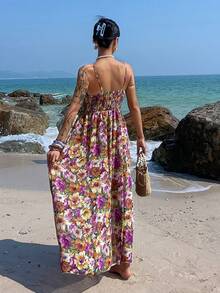 Livesso Đầm maxi hai dây họa tiết hoa mùa hè dành cho nữ, kiểu dáng nghỉ mát, thích hợp mặc đi biển. - Nhiều màu - Xem 6