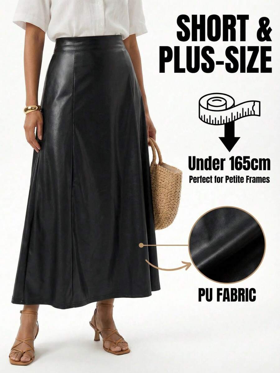 SHEIN PETITE CURVE 新款加大码女式小码黑色高腰PU半身裙，适合通勤，高腰设计让您看起来更苗条，腿部更修长，适合娇小身材的女性。适合所有季节和场合。 - 黑色 - 查看 1