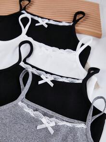 4件套女童优雅蕾丝边蝴蝶结装饰吊带背心套装 - 彩色 - 查看 4