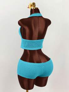 Amplova Bộ 2 món gồm quần short ngắn kẻ sọc cổ chữ V sâu, buộc dây phía trước. - Màu xanh lam - Xem 8