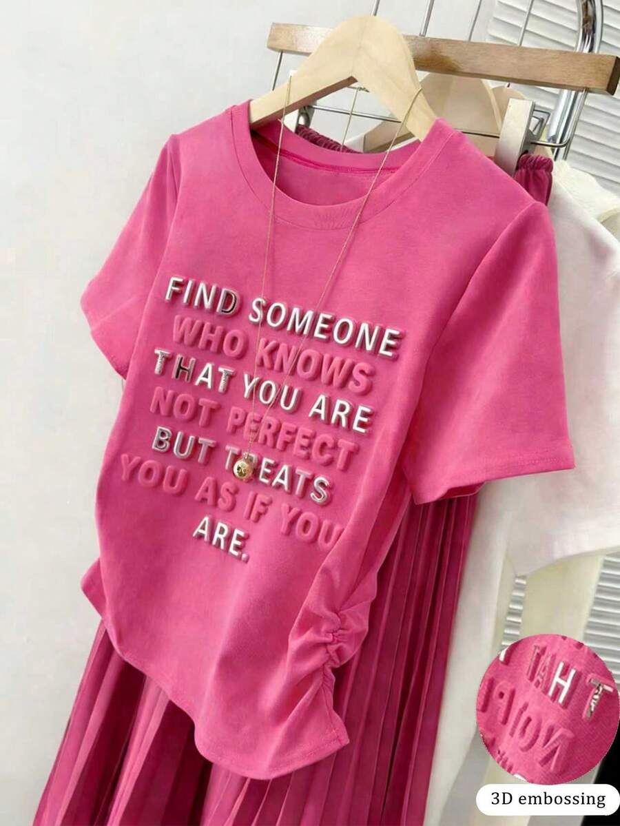 Resyla 女士3D字母压纹系腰短袖T恤 - 粉色 - 查看 1