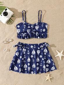 Tween Girl Vacation Casual Anchor & Sailboat Print Swimsuit Set - Dusty Blue - View 1
