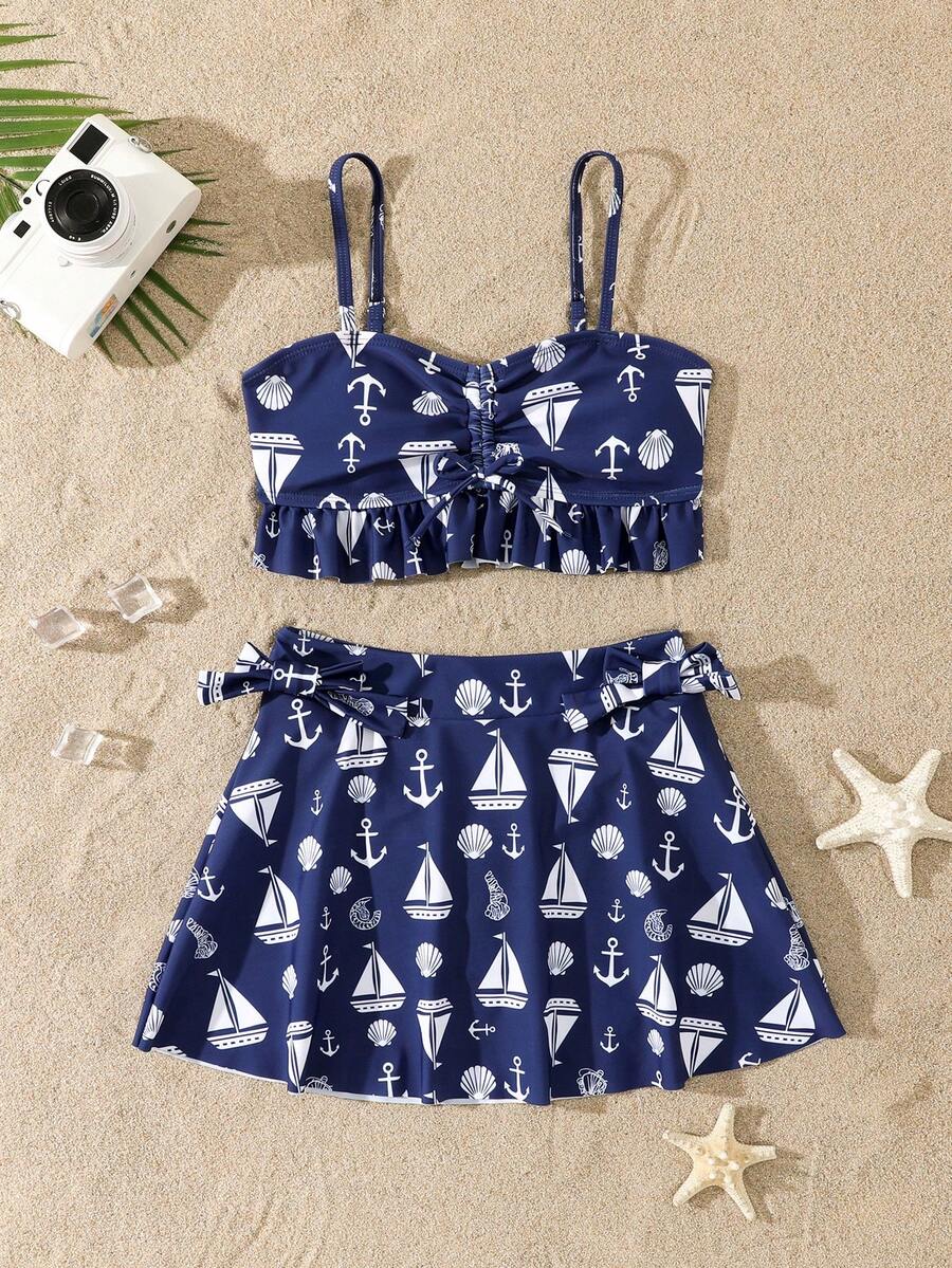 Tween Girl Vacation Casual Anchor & Sailboat Print Swimsuit Set - Dusty Blue - View 1