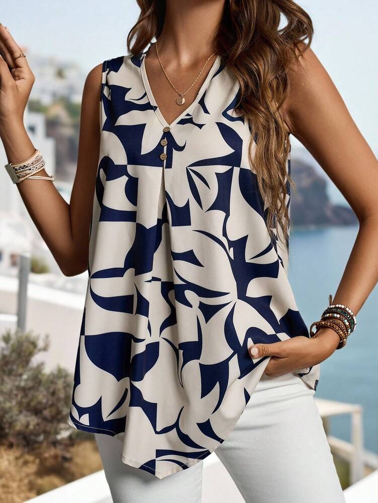 Women's Summer Sleeveless V-Neck Shirt With Geometric Pattern