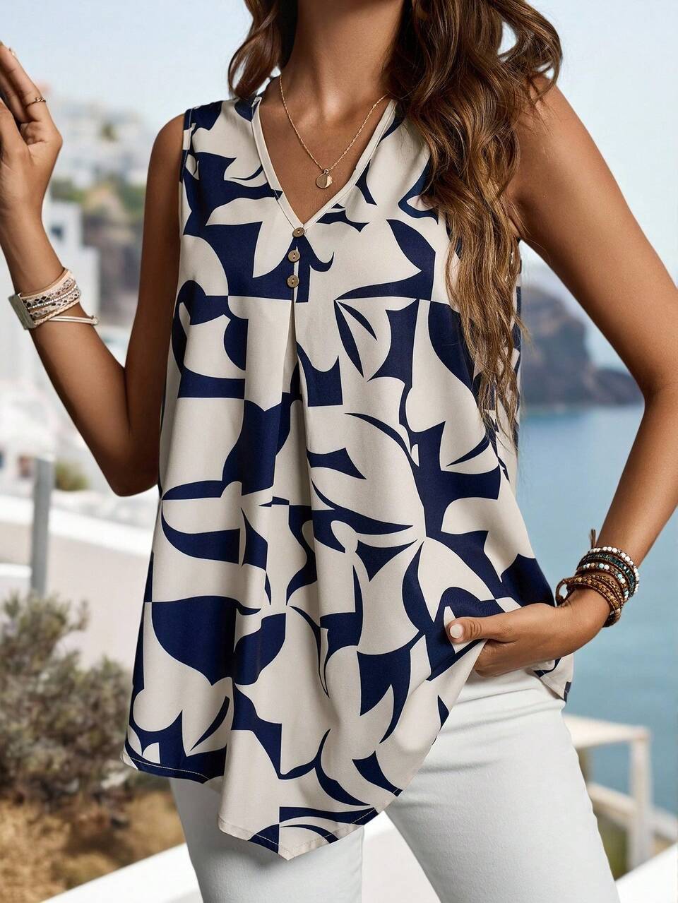 Women's Summer Sleeveless V-Neck Shirt With Geometric Pattern