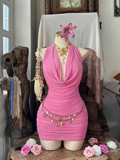 Sunspun 大码优雅垂褶领口收腰连衣裙