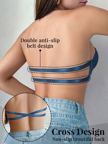 1pc Lace Backless Underwire Bra, Small Bust Enhancing Seamless Strapless Camisole Bra - Blue - View 2