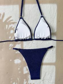 SHEIN Luminelle New Arrival Spring/Summer Halter Neck Triangle Cup Thong Bikini Set, Sexy Women's Swimsuit - Navy Blue - View 2