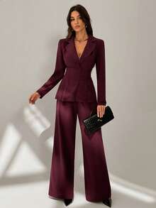 SHEIN Tall Bộ đồ hai mảnh dành cho nữ, bộ vest quần màu đỏ tía. - Màu đỏ tím - Xem 3