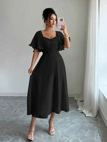 Modelyn Women's Solid Butter Yellow Chiffon Ruffle Sleeve Design Summer French Style Vacation Dress - Black - View 8