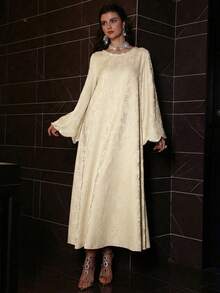 Al Najma Abrigo elegante de mujer de primavera/verano con tejido jacquard rosa, manga larga, burbuja y cuentas, estilo tradicional turco y árabe (Abaya) - Albaricoque - Ver 6