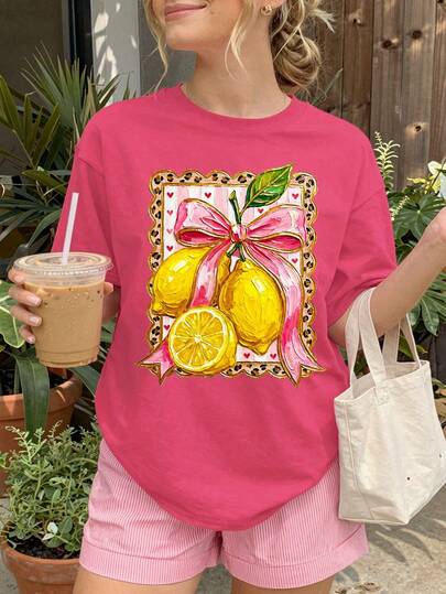 DrmWander 甜美女孩豹纹边饰柠檬图案印花休闲加大码T恤