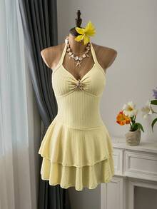 Bellisia Traje de baño de una pieza elegante de color amarillo limón con falda tipo pastel, adecuado para la playa, la piscina, actividades casuales al aire libre, fiestas y vacaciones en primavera y verano - Amarillo claro - Ver 4