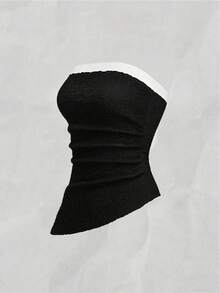 Franclia Classic Black-And-White Contrast Neckline, Textured Bubble Knit Fabric, Waist-Cinching Design, Date-Night Outfit Style, Strapless Bandeau Silhouette, - Black - View 2