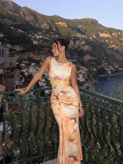 SHEIN MOD Apricot Metal Buckle Pleated Asymmetric Fitted Dress, Summer Dress, Party Dress, Beach Dress, Wedding Guest Dress, Graduation Dress, Casual Long Dresses, Elegant Dress, Vacation Dresses, Y2K Dress, Graphic Dress, Sleeveless Women Abstract Print Maxi Long Dress With Gold Tone Neckline Detail Bodycon Ruched Waist Party Dress, Beach Dinner Dress, Western Style, Vintage, Boho, French Style Dress, Cottagecore Dress, Luxury Evening Dresses, Music Festival Outfits