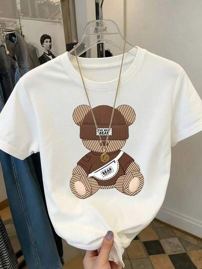Toddler Girls' Cute Minimalist Summer Korean Style Striped Bear Print Round Neck Short Sleeve T-Shirt, Casual Versatile Soft Comfortable Top, Adorable Teddy Bear Classic Pattern White Tee