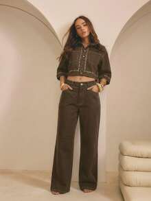 Aralina Winter / Summer Low Rise Stud Detail Denim Jean - Chocolate Brown - View 5