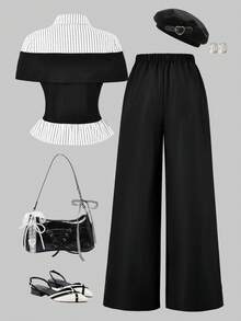 2件套少女黑色罗纹拼接上衣和休闲裤 - 黑色 - 查看 2