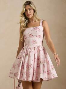 Enchnt Đầm mini dáng chữ A cổ vuông in hoa dành cho nữ - Hồng - Xem 3