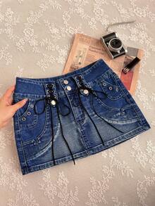 Elamini Women's Criss-Cross Strap Mini Denim Skirt - Blue - View 4