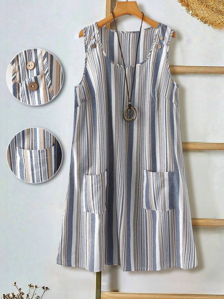 Plus Size Women Casual Striped Sleeveless Dress,Spring Outfit,Summer Outfit For Women,Casual Dresses For Women,Going Out Outfits,Beach Vacation Outfits For Women, Summer Dresses With Pockets Pocket Dresses For Women Summer Dress Summer Casual Dress Coastal Dress Women's Summer Dresses Women Casual Dresses Women's Summer Outfits Women's Spring Dress