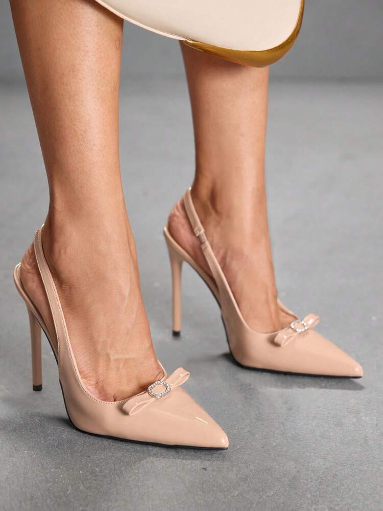 CUCCOO SZL Women Shoes Pointed Stiletto Apricot Bow Diamond Buckle Slingback Women's High Heel Shoes Fashion Sexy Dinner Party Women's Shoes