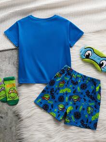 TEENAGE MUTANT NINJA TURTLES | SHEIN Ensemble pyjama avec Top à col rond à manches courtes et short imprimé de dessins animés pour jeune garçon - Bleu azur - Voir 2