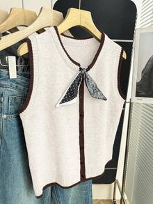 Franclia Brown Stripe Summer Elegant Tea Party Office Women's Knit Vest Minimalist Round Neck Sleeveless Top With Polka Dot Paisley Patchwork Contrast Trim - Multicolor - View 5