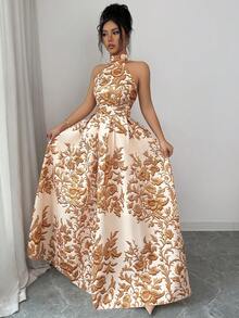 SHEIN Elenzya Vestido de mujer con estampado floral elegante, sin mangas, espalda descubierta, cintura ceñida y cuello - Marrón - Ver 5