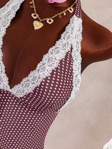 Swim Mod Women's Beach Music Polka Dot Lace Trim Tie Front Tankini Swimsuit Set, Cute Style For Spring/Summer - Multicolor - View 4