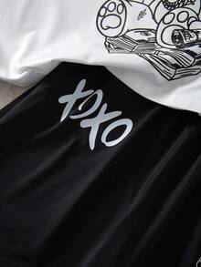 Vacaura 2pcs/Set Casual Cartoon Character Print T-Shirt Set For Teenage Boys, Suitable For Daily, Commuting, And Sports Wear - Black and White - View 5