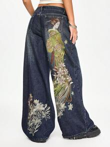 ROMWE Grunge Punk Celana Jeans Vintage Jepang Motif Geisha Bunga Bordir Pinggang Rendah Kaki Lebar - Biru - View 1
