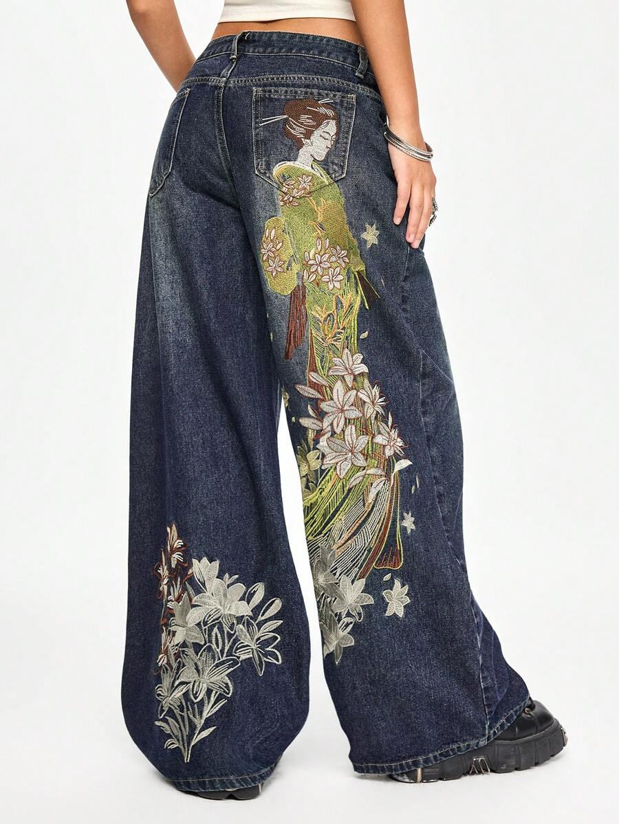 ROMWE Grunge Punk Celana Jeans Vintage Jepang Motif Geisha Bunga Bordir Pinggang Rendah Kaki Lebar - Biru - View 1