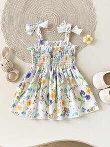 SHEIN Playful Pals Đầm midi xếp ly không tay nhiều màu sắc cho bé gái, kiểu dáng công chúa giản dị, phù hợp cho kỳ nghỉ và các buổi tụ họp. - Nhiều màu - Xem 2