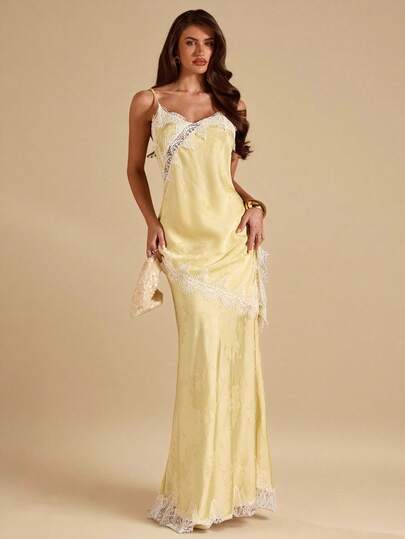 SHEIN BAE Cream Yellow Textured Jacquard Lace Trim Satin Elegant Fish Tail Skirt For Women, Spring/Summer Elegant Yellow Jacquard Lace Satin Skirt, Summer