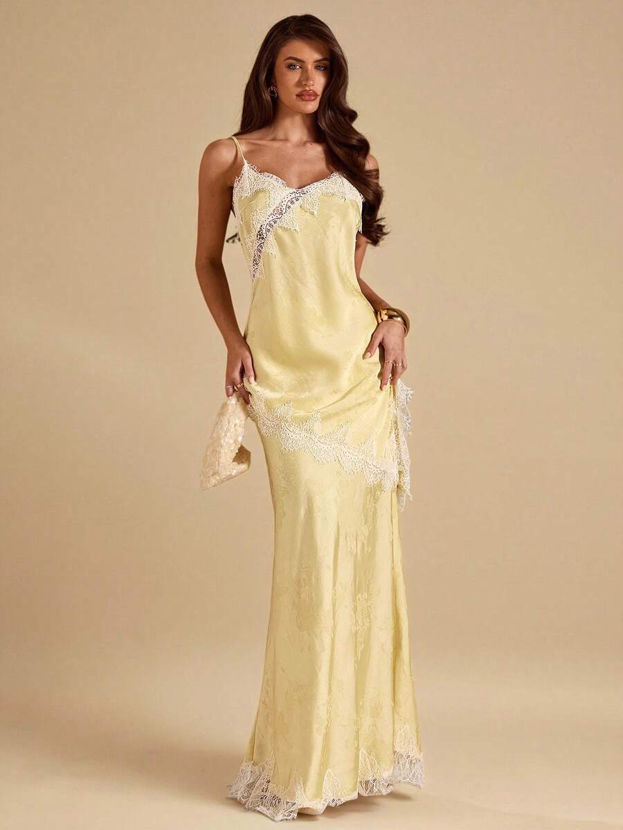 SHEIN BAE 奶油黄色提花蕾丝边缎面优雅鱼尾裙，女士春夏款，优雅黄色提花蕾丝缎面裙，夏季 - 黃色 - 查看 1